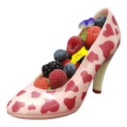 chocolate shoes with red hearts and fruits1